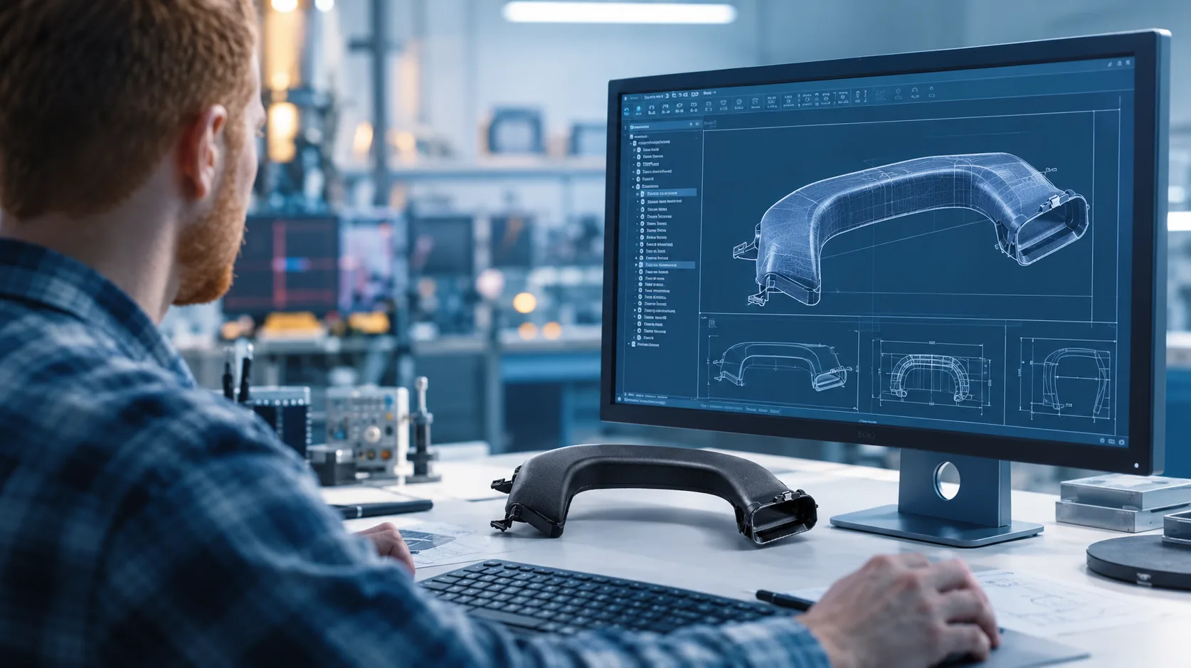 Blasformen Prototyp CAD-Konstruktion Ingenieur konstruiert einen blasgeformten Kunststoff-Hohlkörper im CAD, daneben der fertige Prototyp